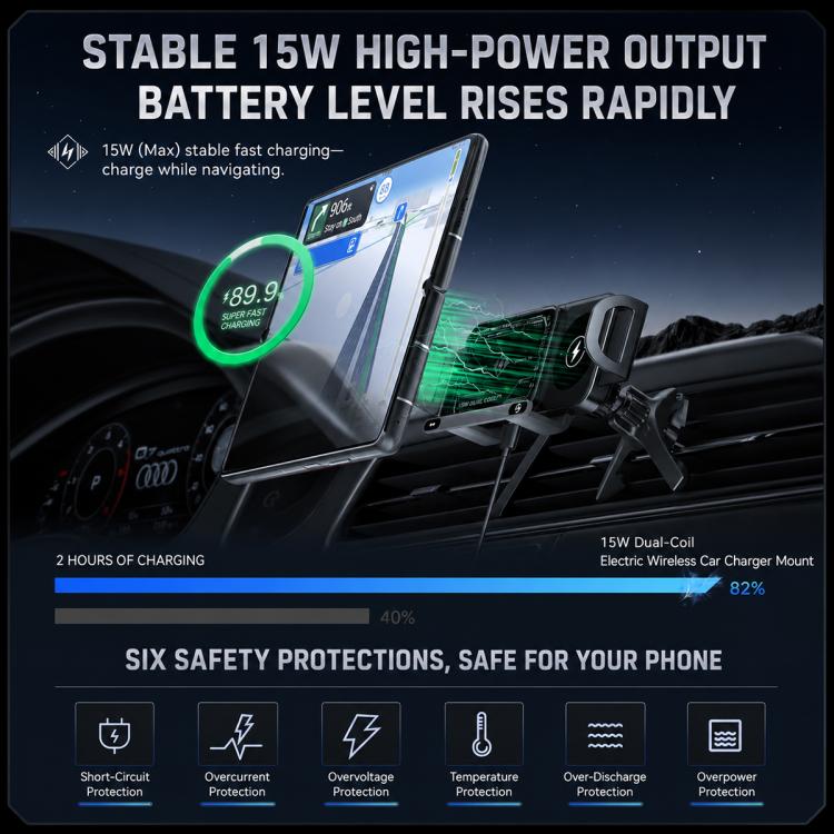 Black 15W dual-coil wireless car charger mount for stable high-power output