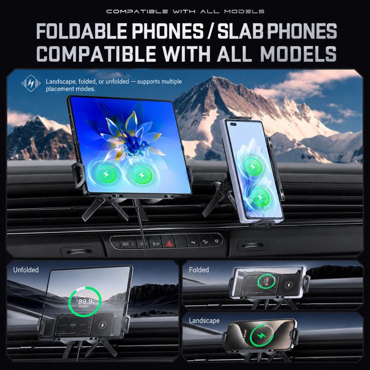Wireless car charger mount compatible with foldable and slab phones, rotates