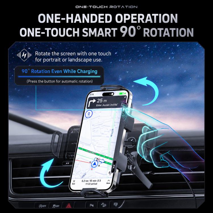 Black wireless car charger mount with rotating phone holder and clamp