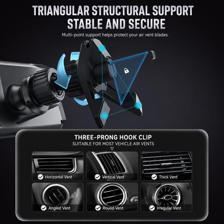 Triangular support wireless charger mount with air vent clip