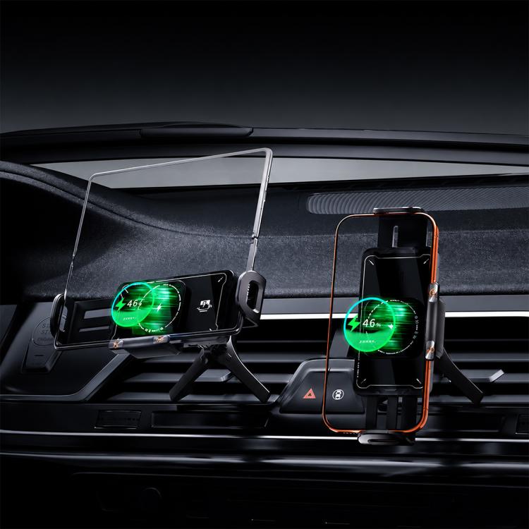 Black wireless car charger mount with rotating phone holder, visible on dashboard vent