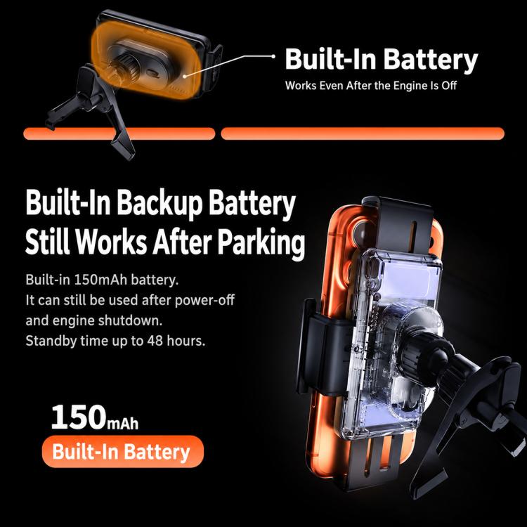 Black rotating car wireless charging mount with adjustable clamp arms and holder base