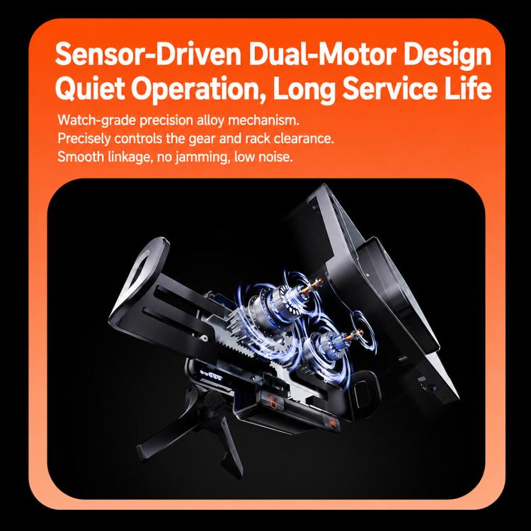 Black auto-clamping wireless charger mount with dual-motor rotating mechanism