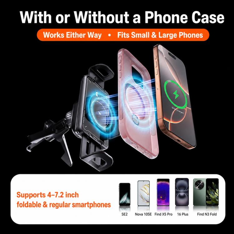 Black wireless car charger mount for 4–7.2 inch phones, case-compatible fit