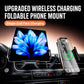 Black wireless charging foldable phone mount on car dashboard with phone held in place