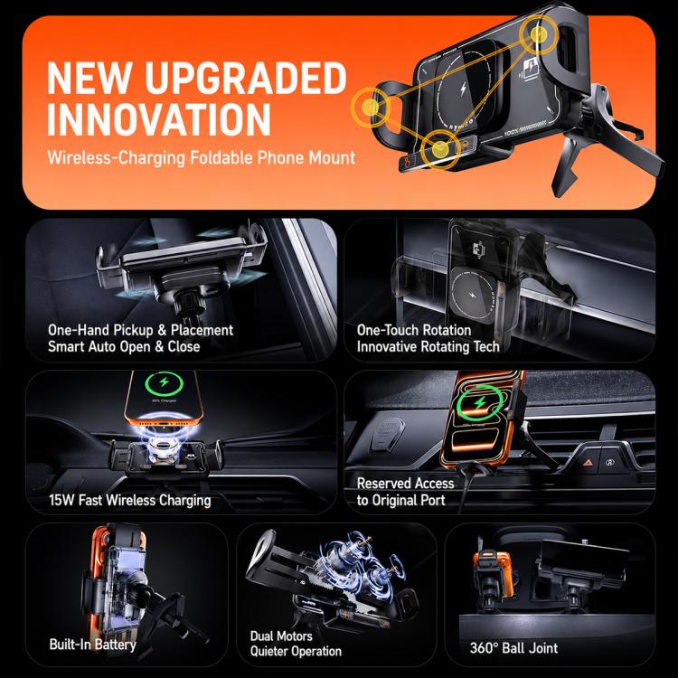 Black wireless charging foldable phone mount with rotating design on car dashboard