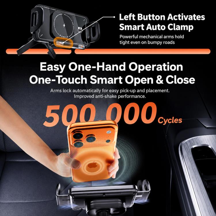 Black wireless car charger mount with orange phone insert, shows one-hand control buttons