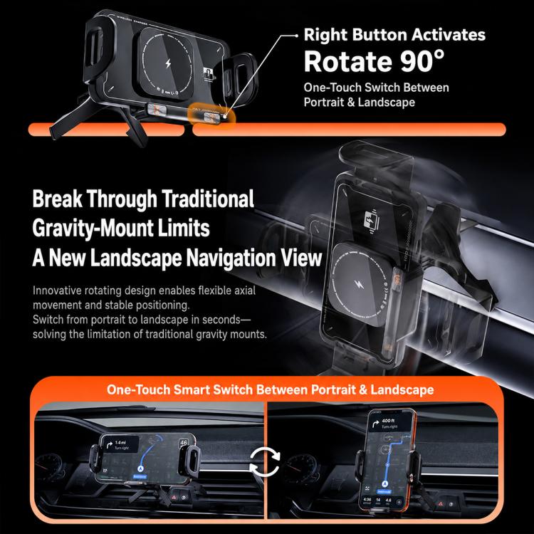 Black wireless phone charger mount with right-side control and rotating 90-degree view