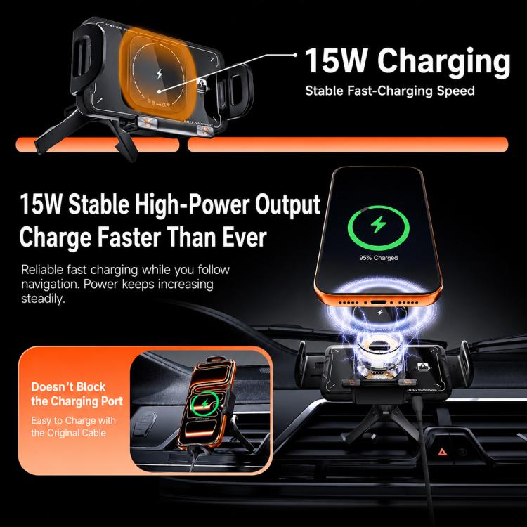 Black 15W wireless car charger mount holding a phone with charging indicator glow