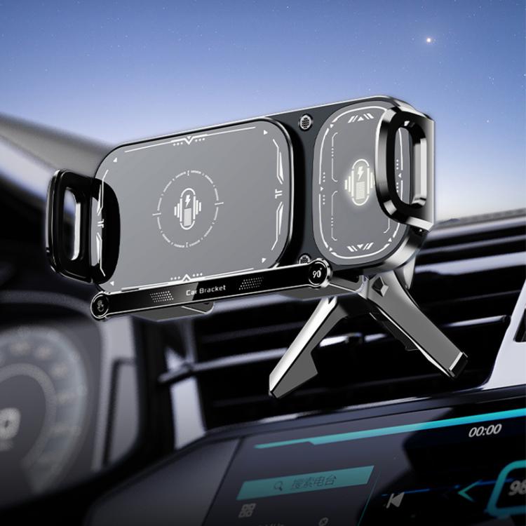 Car wireless charger bracket with dual-coil pads, black cradle mounted on car air vent