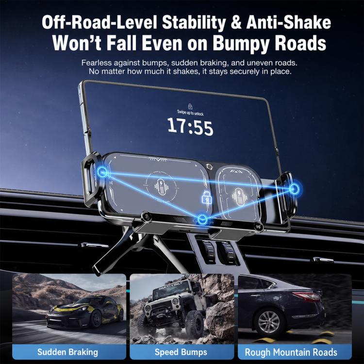 Car wireless charger bracket with anti-shake legs, phone secured on dashboard mount