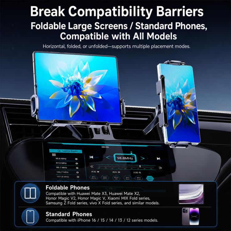 Car wireless charger bracket supporting phones and large screens in different positions