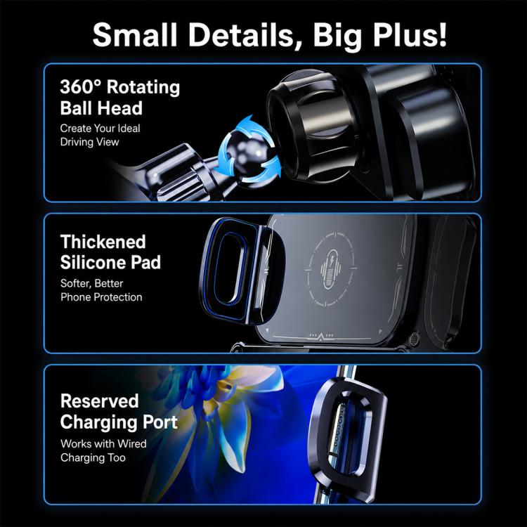 Car wireless charger bracket detail: rotating ball head, silicone pads, reserved charging port