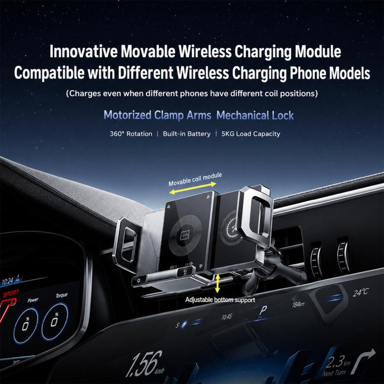 Black adjustable car wireless charger mount with coil module and clamp arms