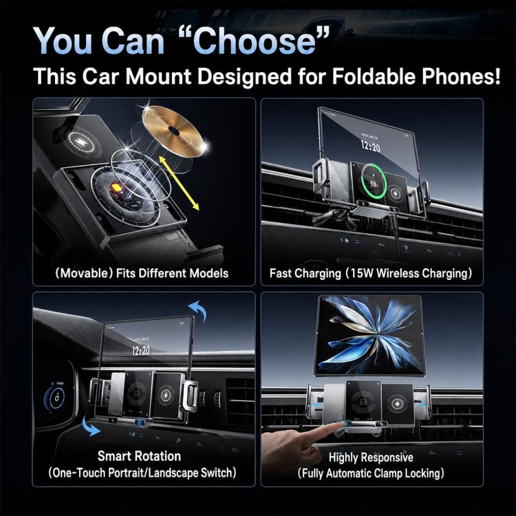 Black car wireless charger mount with adjustable clamp arms and wireless charging coil