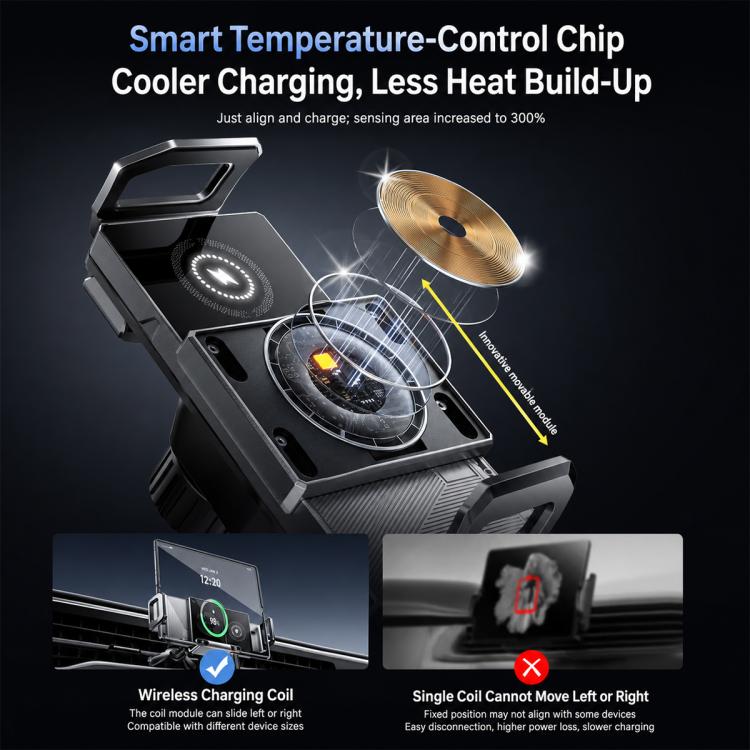 Black car wireless charger mount with cooling vents and circular wireless charging coil