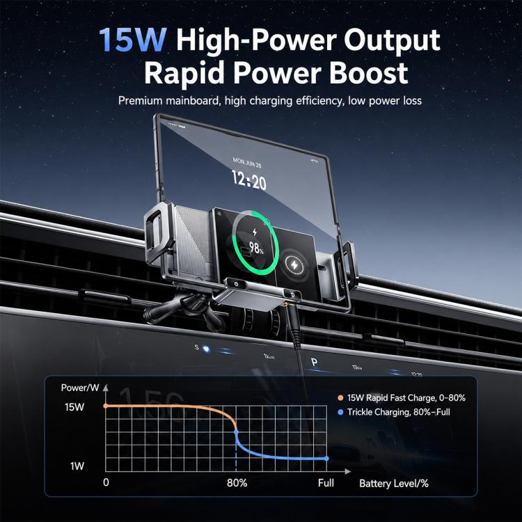 Black adjustable car wireless charger mount cradle with charging coil and cradle plate