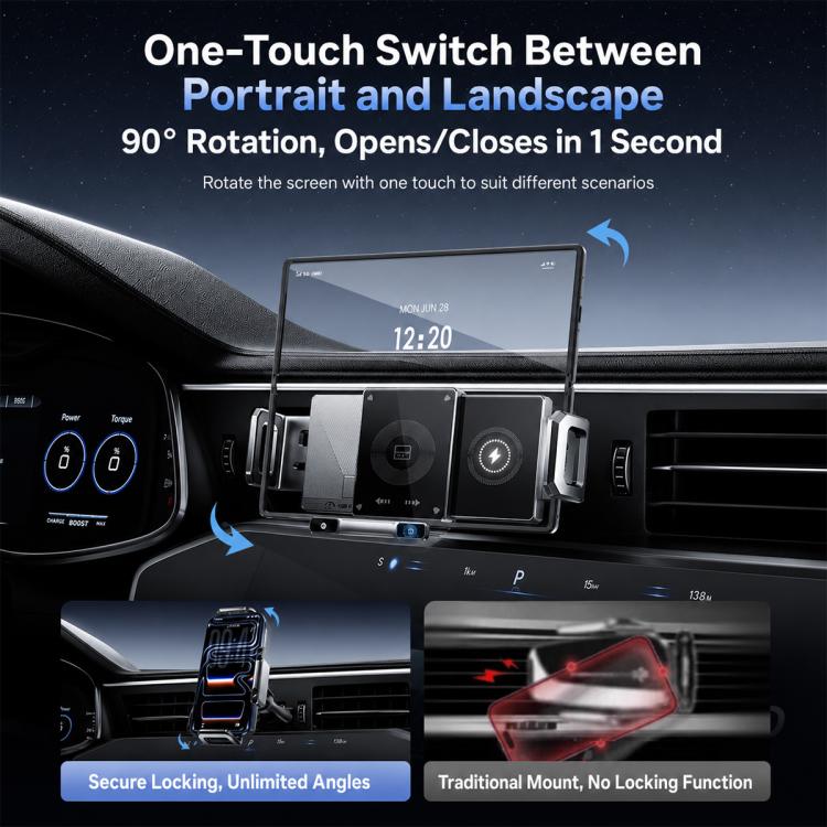 Silver car wireless charger mount with clamp arms and central circular charging pad