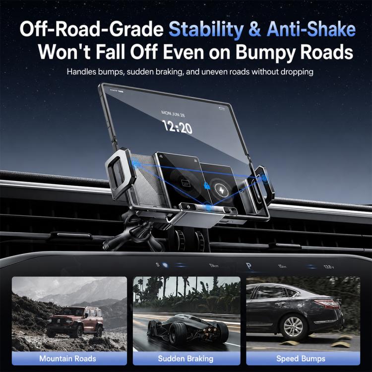 Black car wireless charger mount with stable anti-shake base and charging cradle