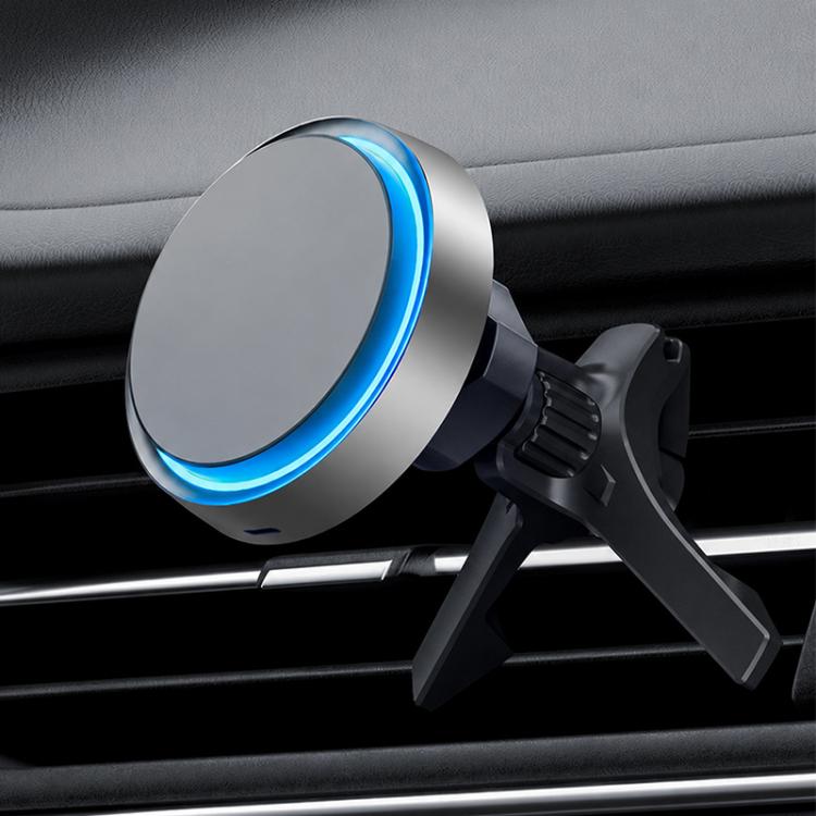 Silver rotating magnetic wireless car phone holder with blue-lit charging ring and vent clip