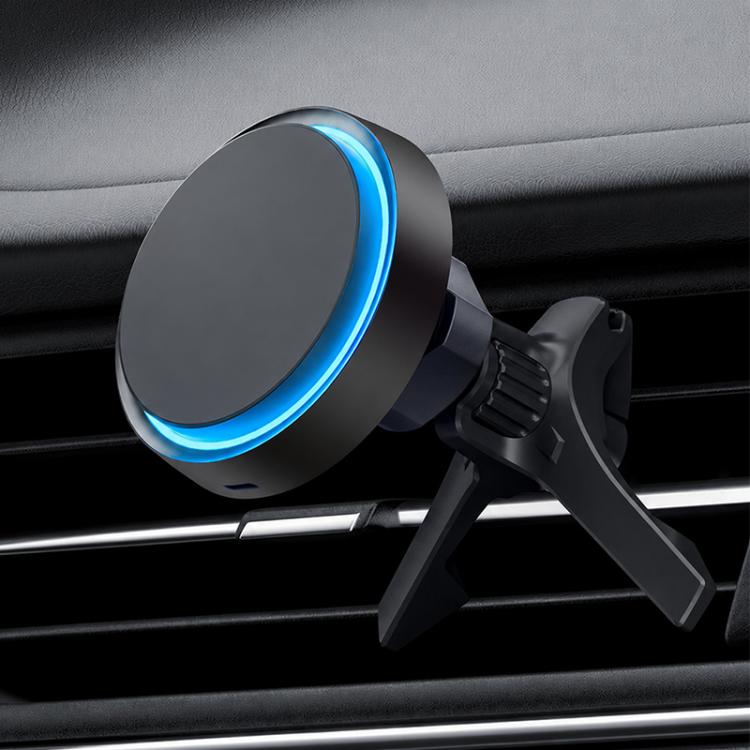 Dark circular face rotating magnetic wireless car phone holder with blue-lit charging ring