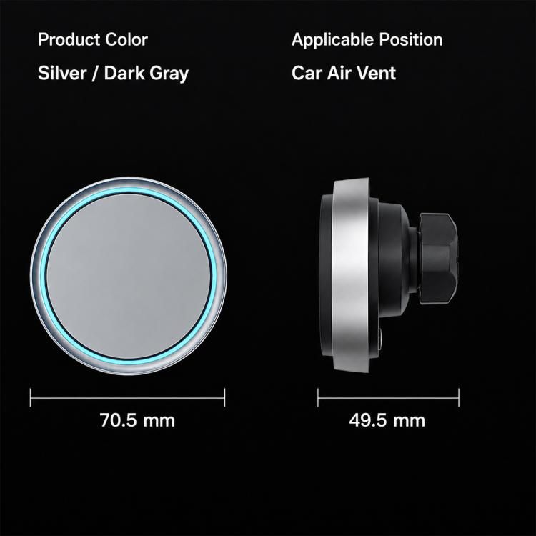 Rotating magnetic wireless car phone holder with blue-lit charging ring and vent clip