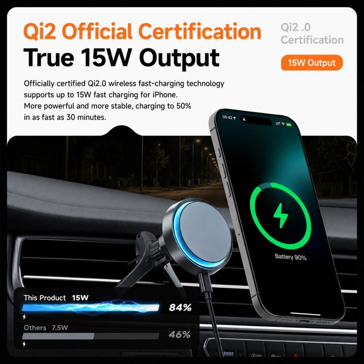 Wireless charging phone holder with vent clip and blue LED ring, supporting phone charging
