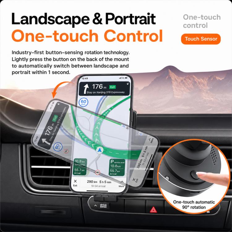 Magnetic wireless car phone holder with one-touch rotation control and vent mount