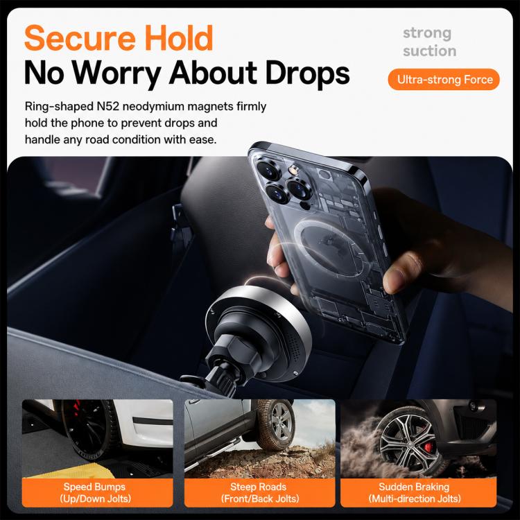 Magnetic wireless car phone holder with ring magnet and secure vent-grip design