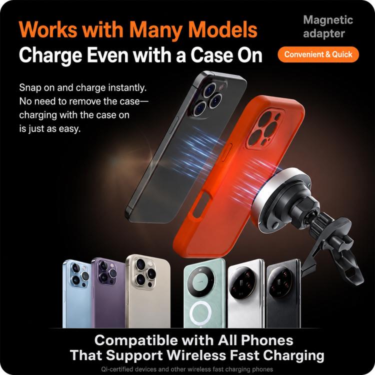 Wireless charging car phone holder with magnetic adapter and vent clamp for phones with cases