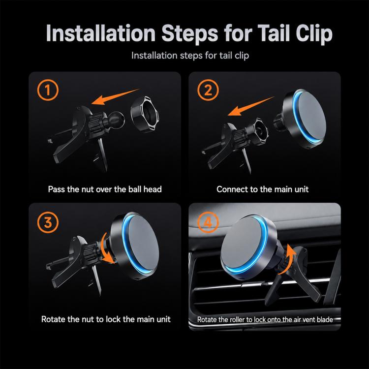 Car air vent phone holder with rotating magnetic wireless charging ring