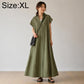 Olive green long A-line shirt dress with short sleeves and V-neck
