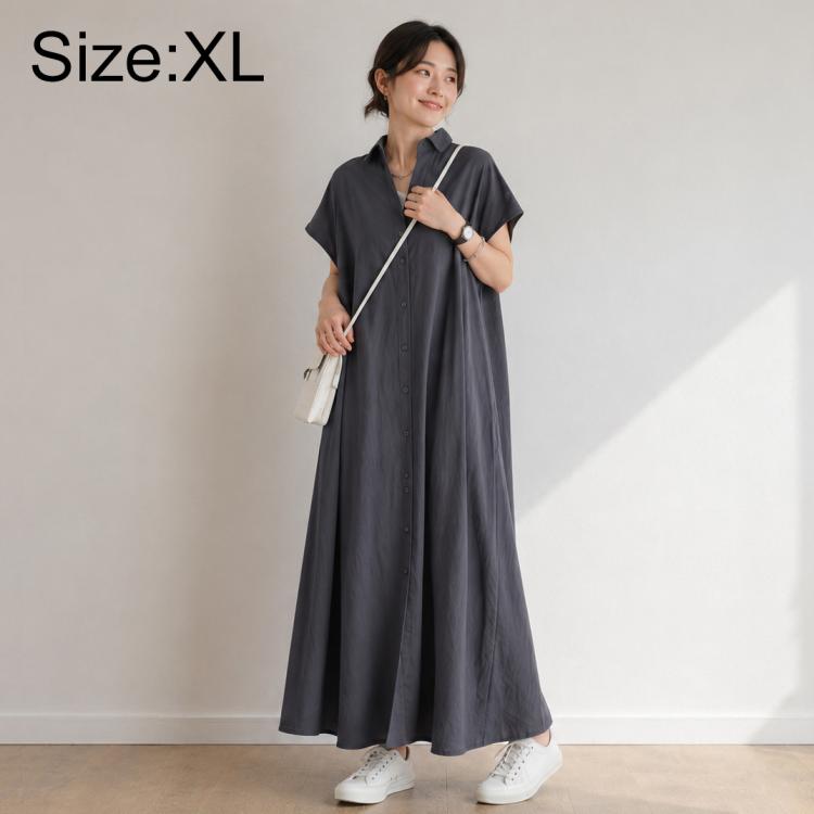 Dark gray short-sleeve lapel shirt dress, button-front, flowing maxi length, Size XL
