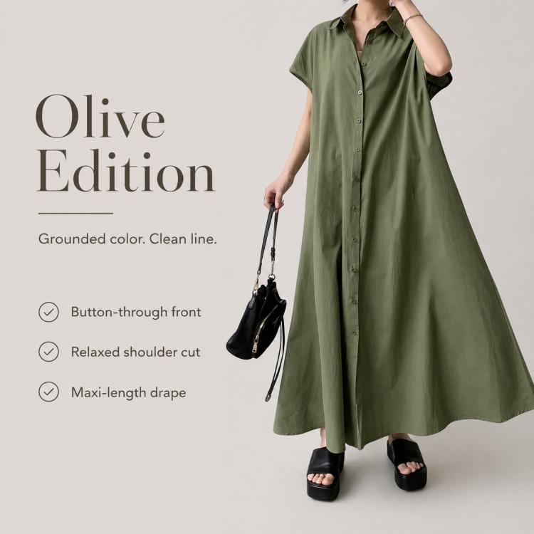 Olive green short-sleeve maxi shirt dress with button-through front and draped hem