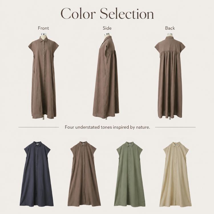 Shirt dress color selection showing navy, brown, olive, and cream front, side, and back