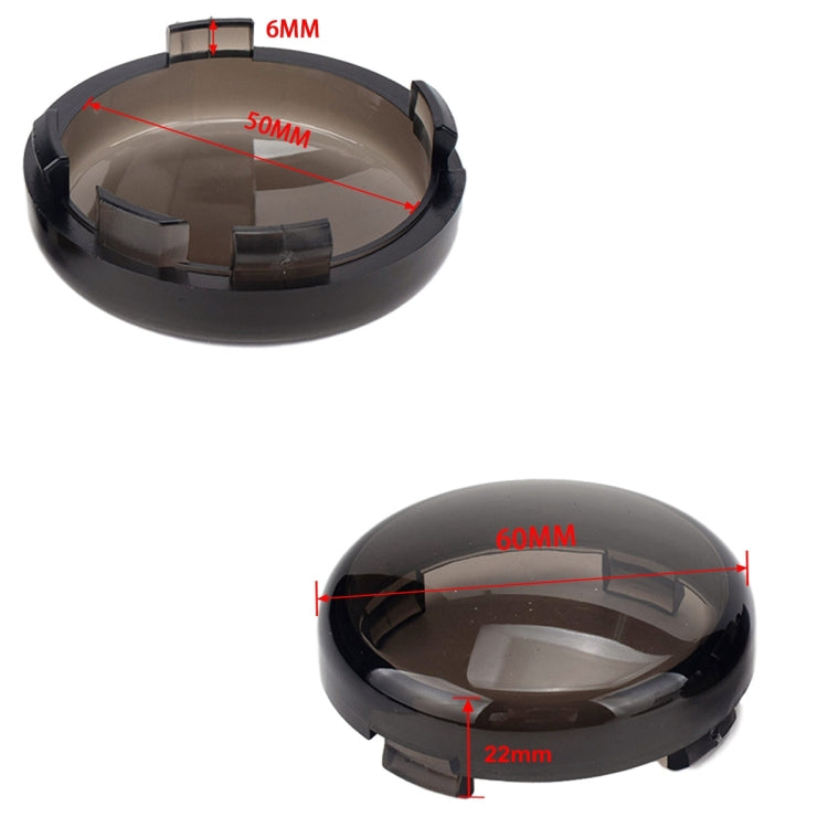 Black smoked motorcycle turn signal cover shells with size marks: 6mm, 50mm, 60mm, 22mm