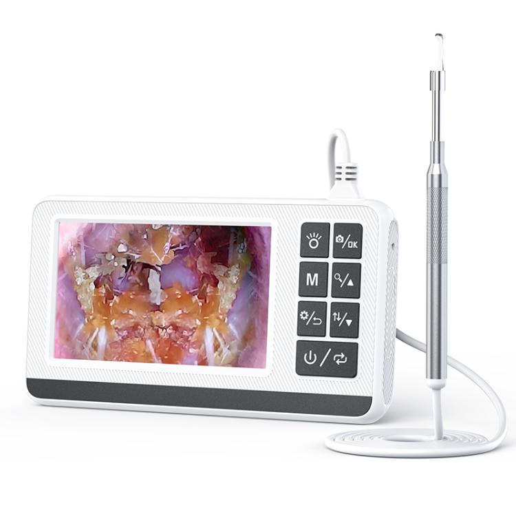 Smart visual otoscope with 4.3 inch color screen, silver probe, and desktop stand.