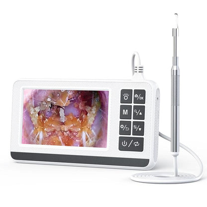 Smart visual otoscope with 4.3 inch color screen, silver probe, and desktop stand.