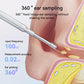 Silver ear otoscope probe near skin with camera tip for visual ear sampling.