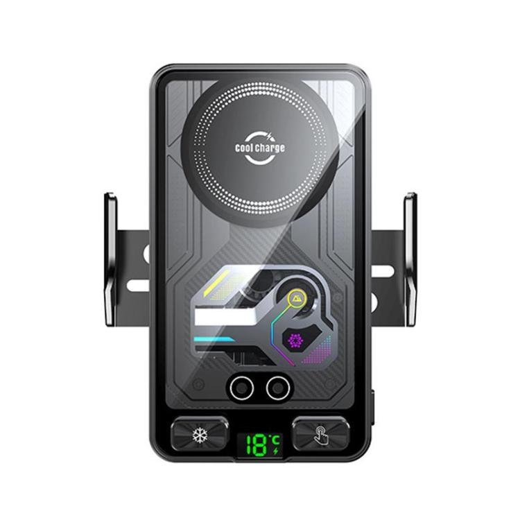 Black wireless car air vent charger holder with built-in cooling fan and front display