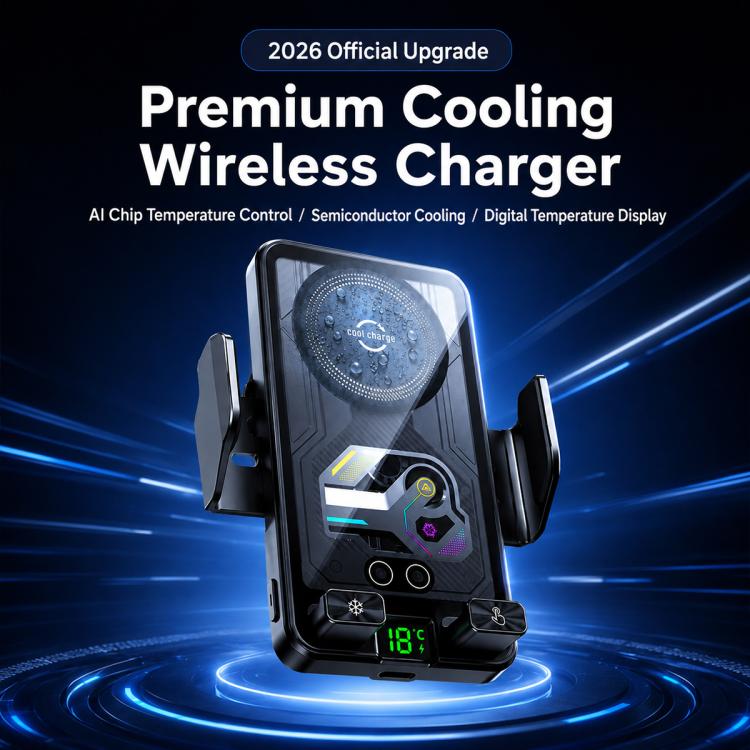 Premium cooling wireless car charger holder with phone cradle and digital temperature display
