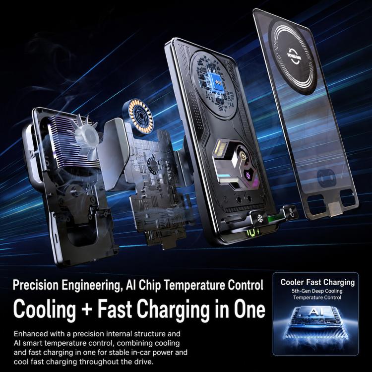 Cooling wireless car charger holder with visible internal fan vents and phone cradle