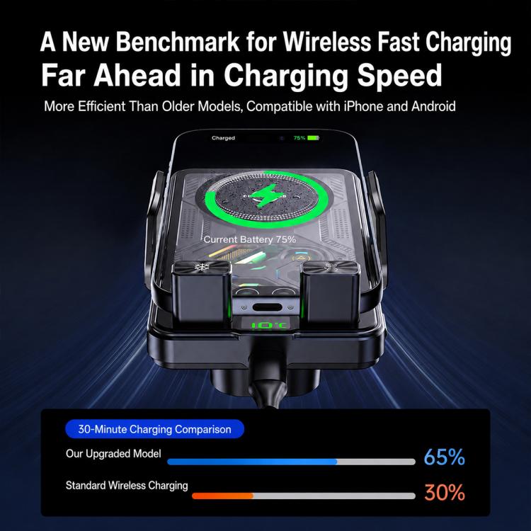 Front view of cooling wireless car charger holder with charging coil ring and display