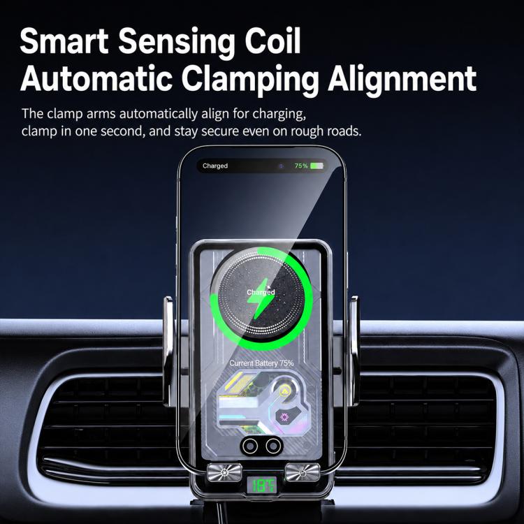 Wireless car vent charger holder with phone cradle and automatic clamp alignment
