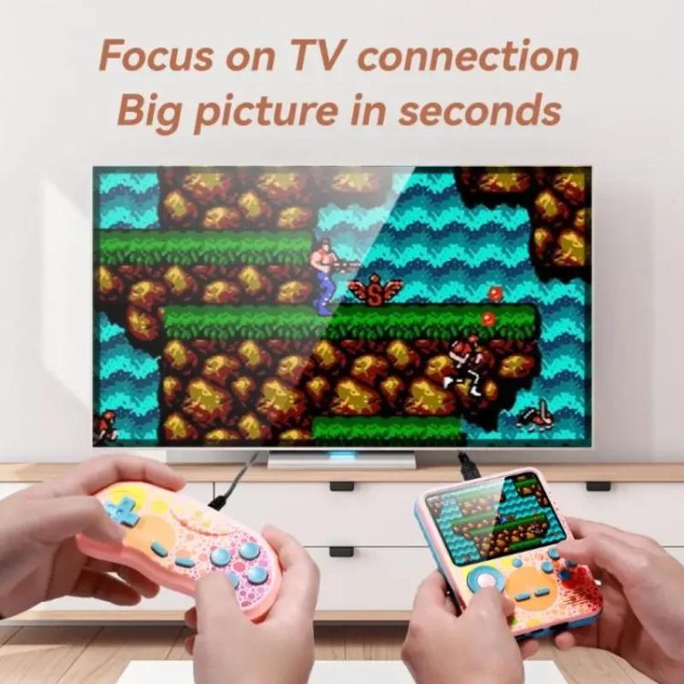 Handheld game console controllers playing on screens with TV connection nearby