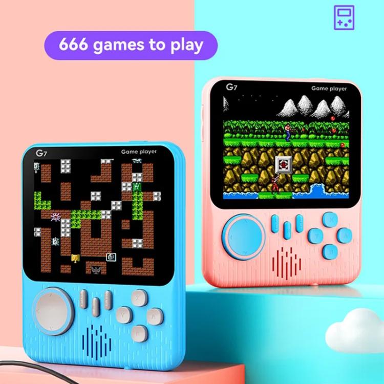 Blue and pink G7 handheld consoles displaying game screens with button controls