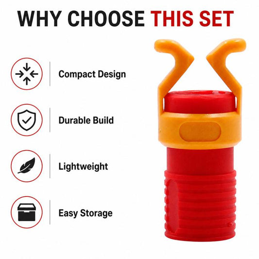 Red and orange plastic screw holder clamp with dual hook top and ridged grip body