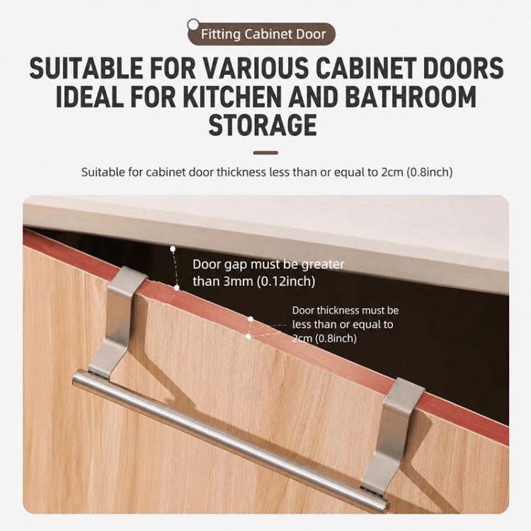 Stainless steel towel rack with adjustable gap supports for cabinet doors