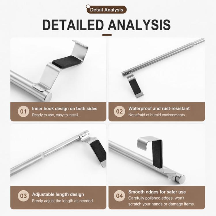 Stainless steel towel rack close-up showing black inner grips and smooth edges