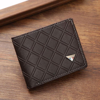 Dark brown geometric PU leather short wallet with stitched edges and logo badge
